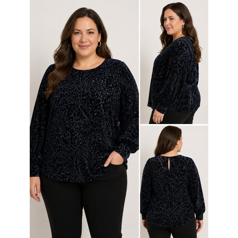 LRL Ralph Lauren Blouse Womens 3X Black Velvet Burnout Floral Long Sleeve Shirt